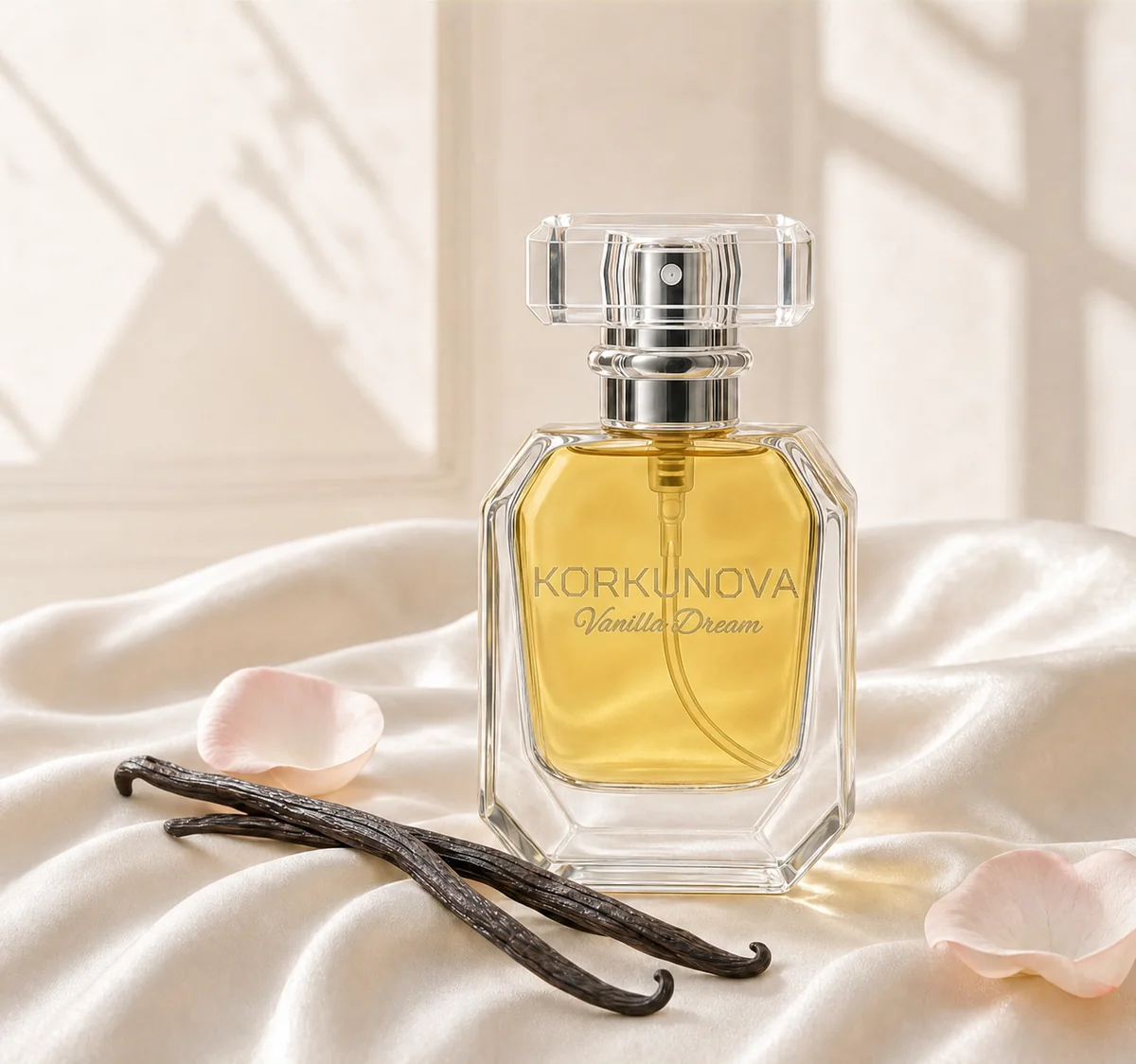 Vanilla Dream perfume bottle with golden juice and a clear faceted cap on cream satin, beside two vanilla pods and pink petals in soft window light