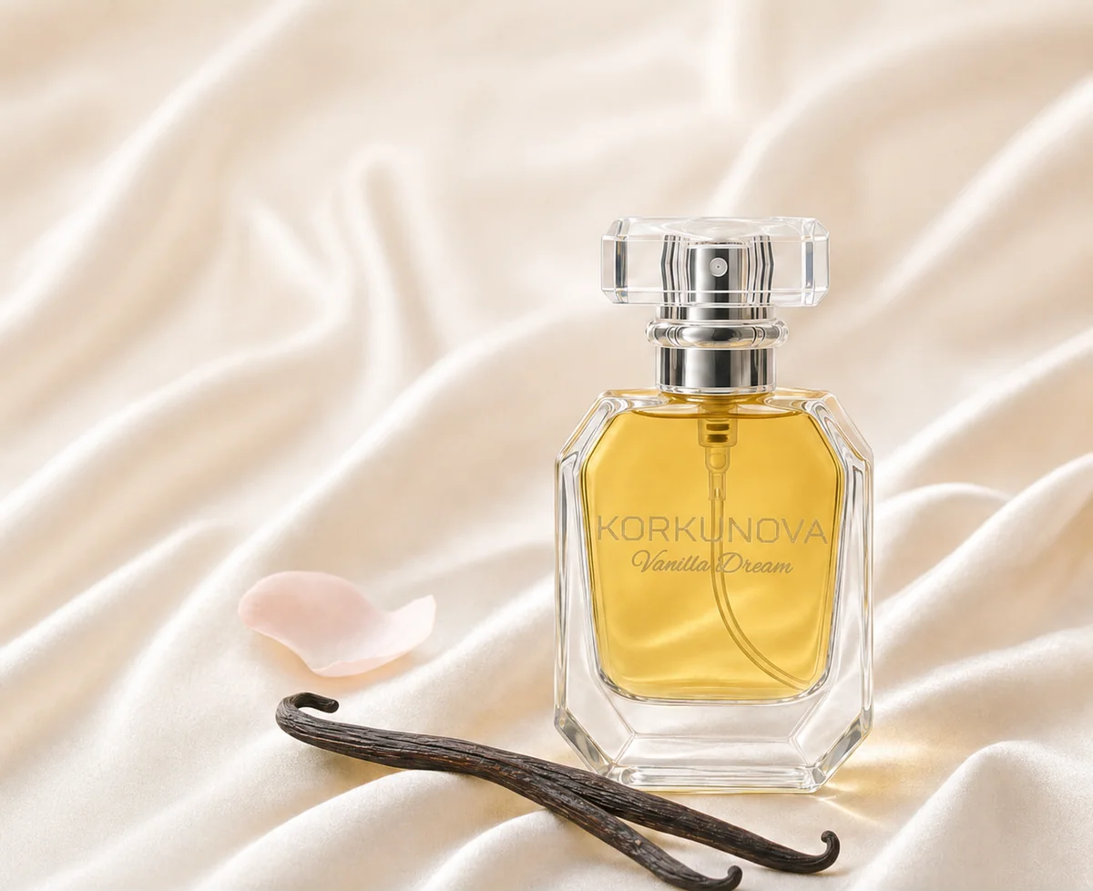 The Vanilla Dream bottle on cream satin beside two vanilla pods and a pink petal