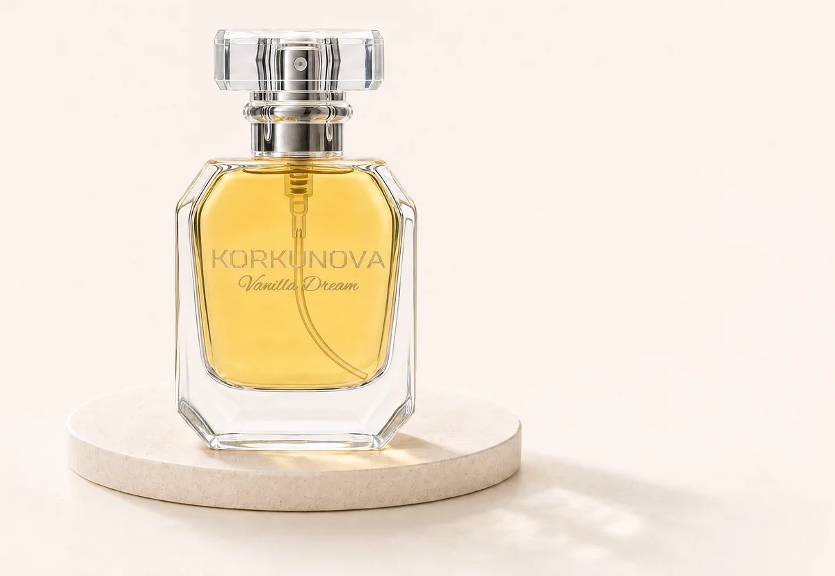 The KORKUNOVA Vanilla Dream bottle, clear faceted glass with golden perfume and a silver collar, on a round speckled stone plinth in soft window light